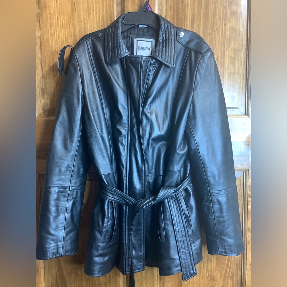 Classic Black Leather Belted Jacket -